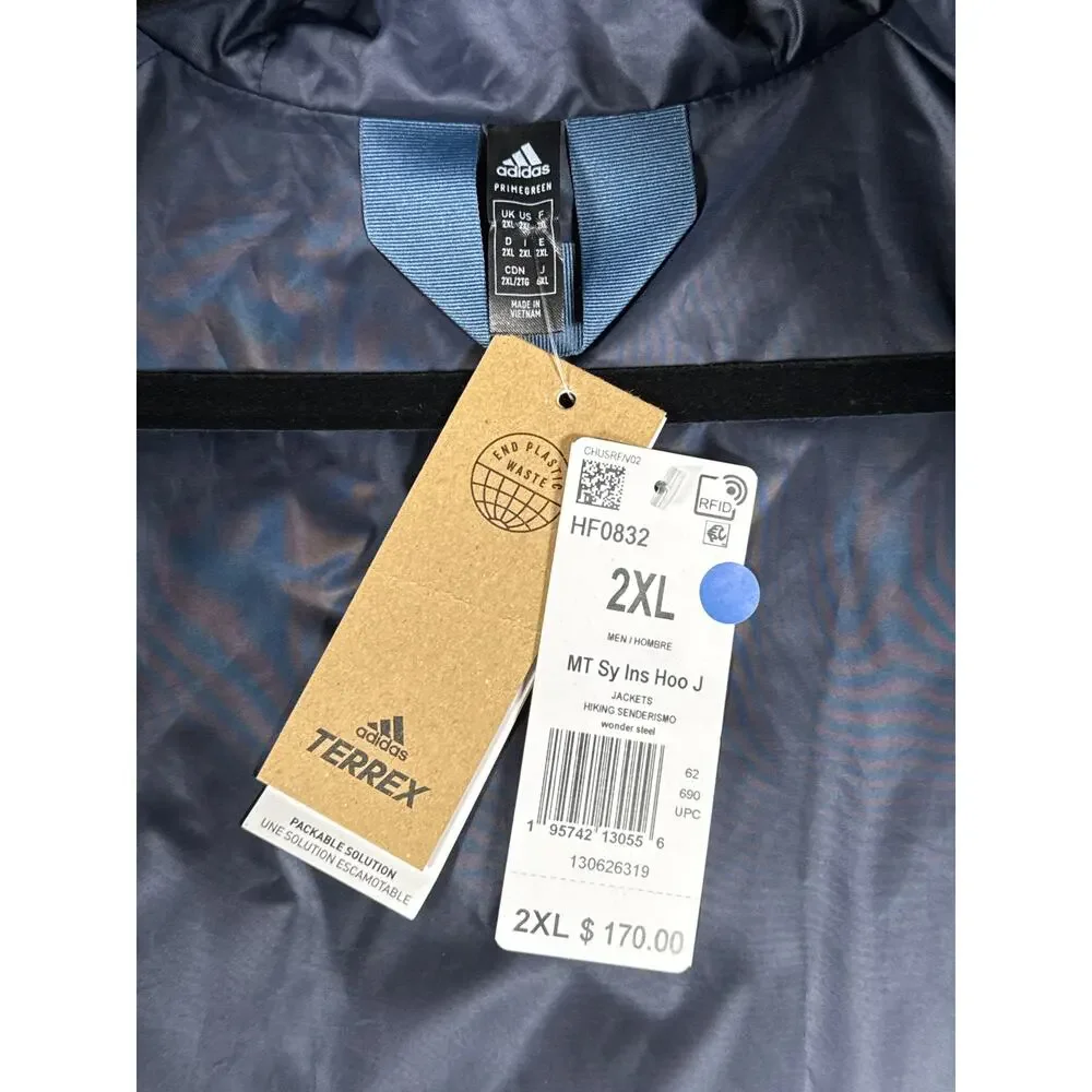 Adidas Terrex Jacket Hooded Mens 2XL Blue Puffer Quilted Insulated‎ Lightweight